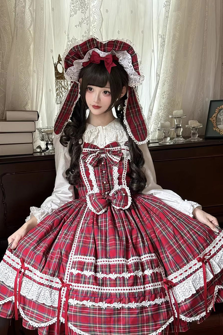 Red Gingham Petal Bunny Printed Ruffled Bow Sweet Lolita Jsk Dress