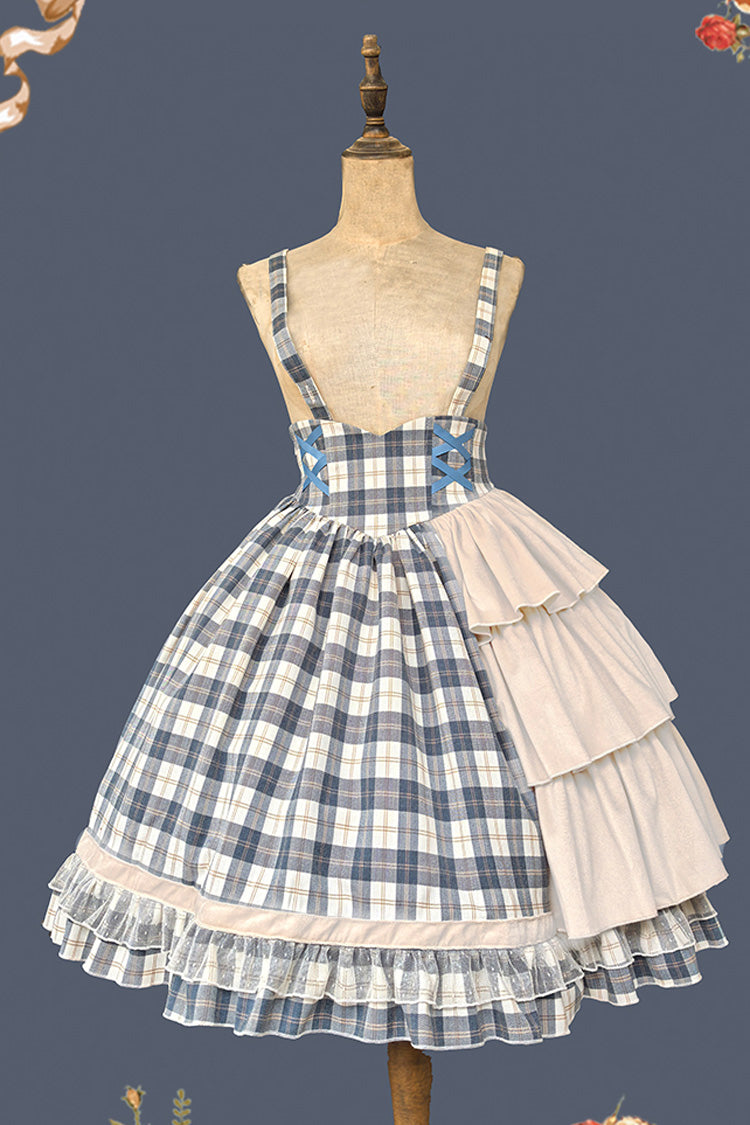 Grey/Blue Morning Tune Sleeveless High Waisted Print Ruffle Asymmetric Sweet Lolita Strap Dress