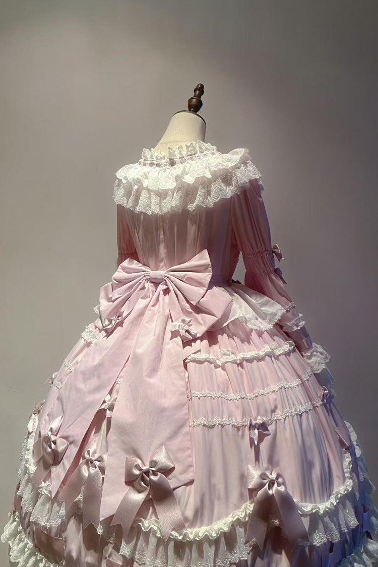 Pink Round Collar Long Trumpet Sleeves Hanayome Bowknot Lace Daily Sweet Elegant Princess Lolita Dress