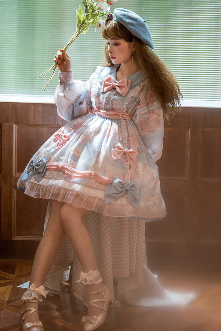 Pink/Blue Doll Collar Long Sleeves Rabbit Candy Paper Print High Waisted Sweet Lolita OP Dress