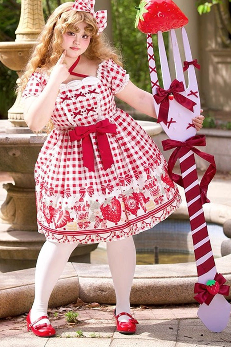 Red Short Sleeves Strawberry Plaid Print Bowknot Sweet Plus Size Princess Lolita Dress