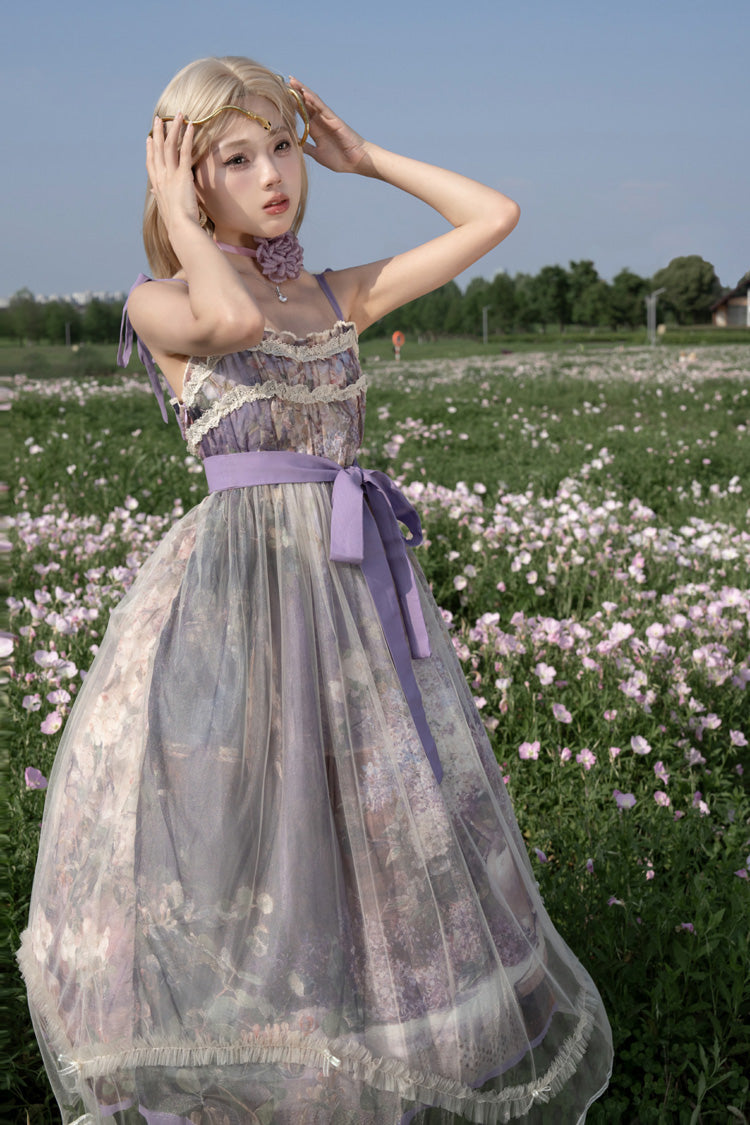 Purple Oil Painting – In the Shade of Blossoming Trees Sleeveless Print Ruffle Bowknot Lace Sweet Lolita Jsk Dress