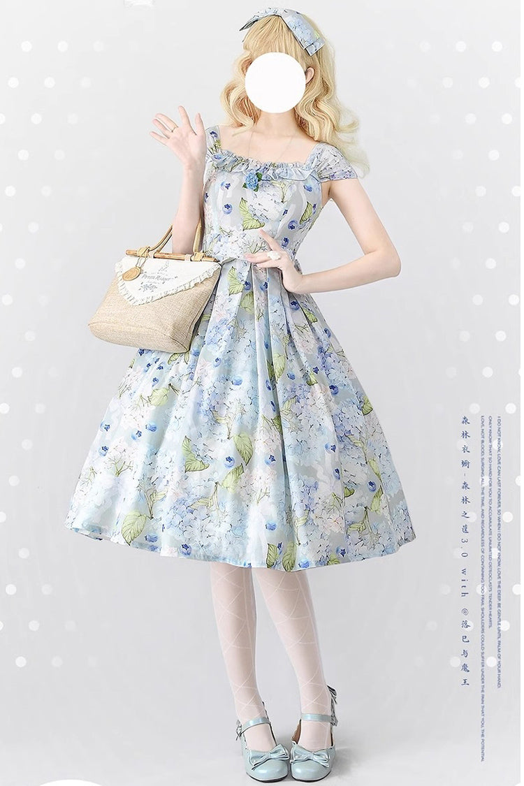 Blue Forest Basket Blueberry Hydrangea Print Bowknot Chiffon Sweet Elegant Lolita Jsk Dress