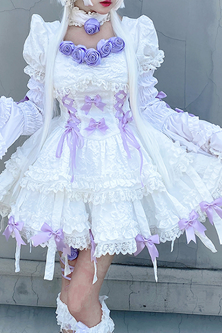 White/Purple Puff Short Sleeves Princess Gothic Lolita Tiered Dress