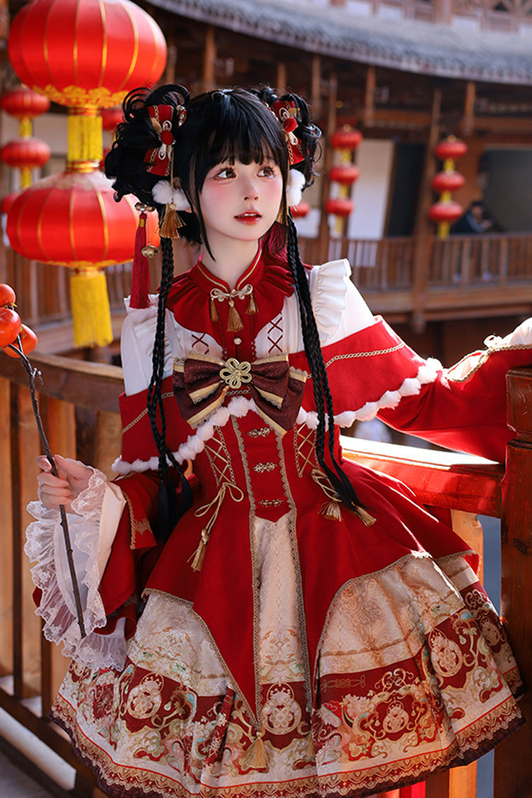 Red New Year Print Ruffle Bowknot Lace-Up Sweet Chinese Style Lolita Jsk Dress