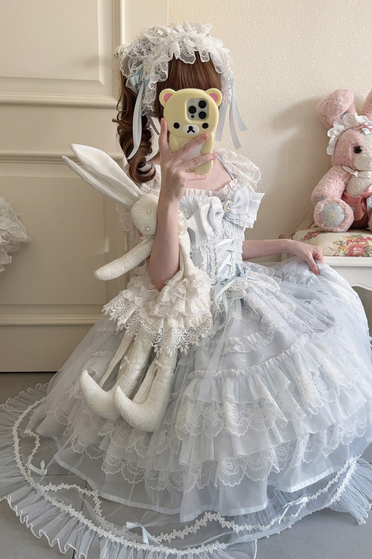 Blue Eternal Vow Sleeveless Multi-Layered Ruffle Hanayome Bowknot Lace Lace-Up Sweet Lolita Jsk Dress