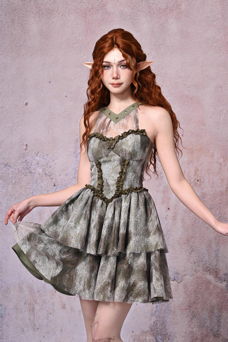 Light Green Halterneck Double-Layered Print Ruffle Lace Tie-dyed Vintage Jsk Dress