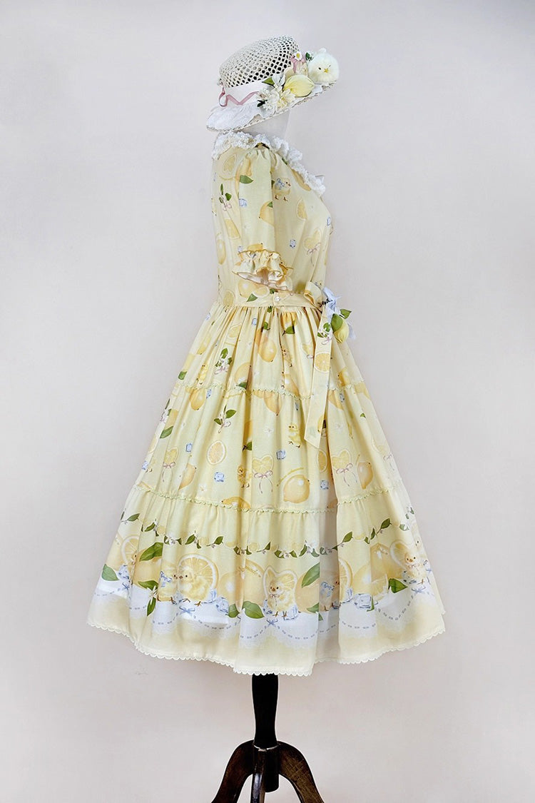 Yellow Lemon Chicken Short Sleeves Print Ruffle Bowknot Lace Daily Sweet Lolita Dress