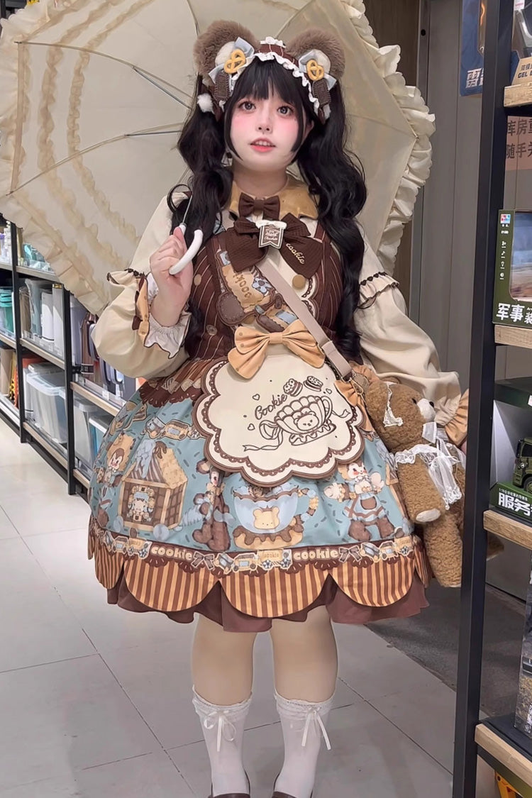 Bear Cookie Sleeveless Print Bowknot Sweet Lolita Jsk Dress Set 2 Colors