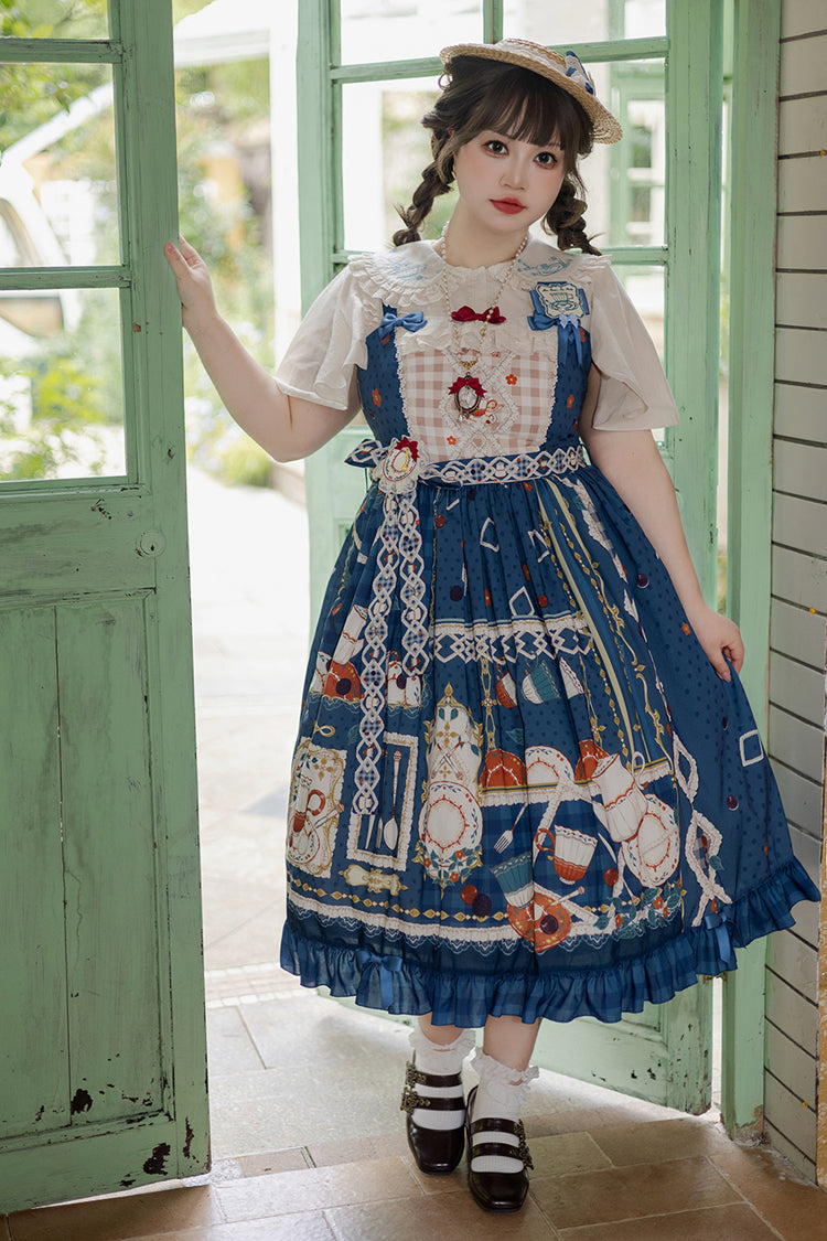 Dark Blue Tea Party Print Ruffle Bowknot Lace Sweet Elegant Lolita Jsk Dress