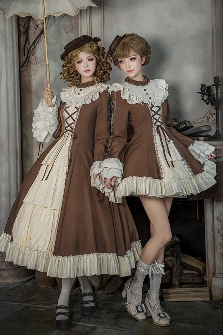 Brown/Beige Nutcracker Stand Collar Long Trumpet Sleeves Ruffle Cardigan Bowknot Lace-Up Sweet Lolita Dress Set 2 Versions