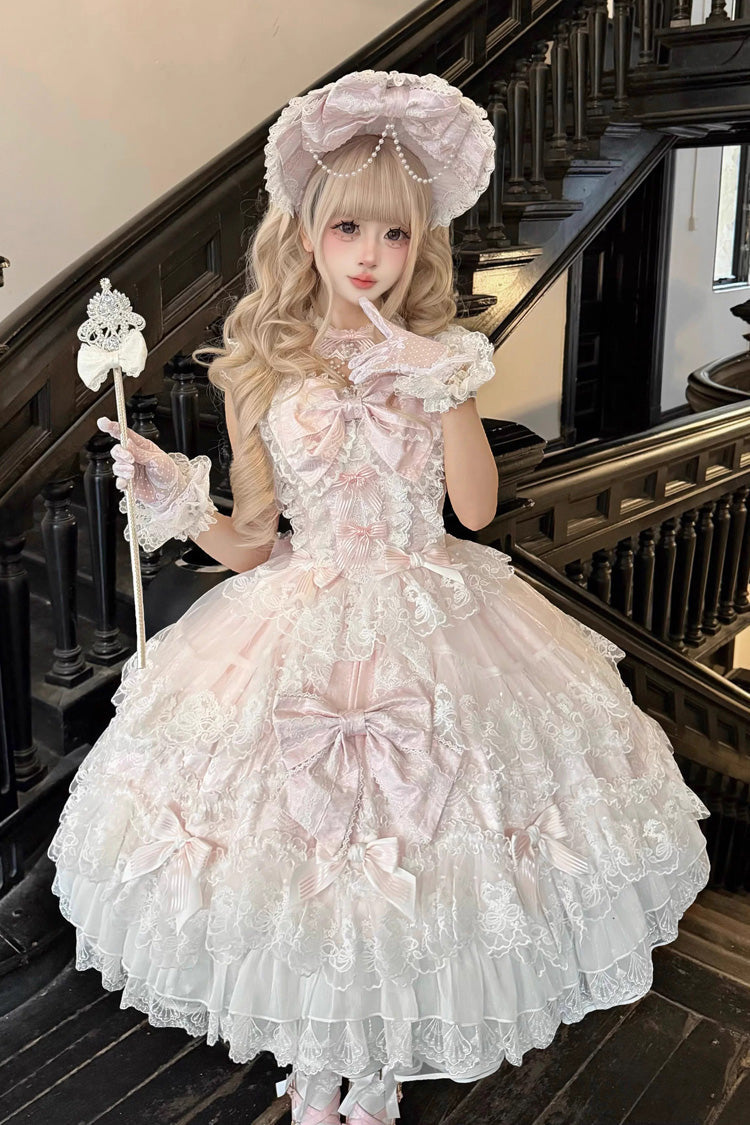 Pink Sakura Dream Romance Sleeveless Multi-Layered Ruffled Hanayome Bow Lace Sweet Princess Lolita Jsk Dress