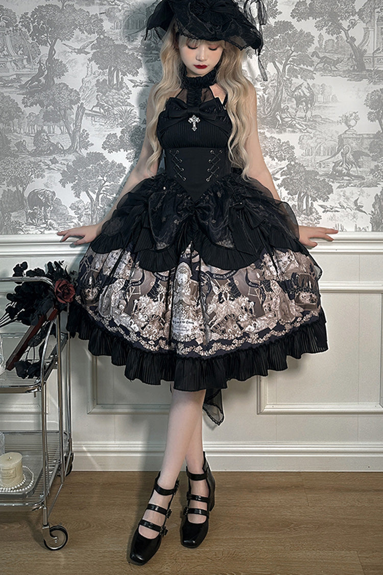 Black The Mystery of The Doll Halterneck Print Ruffle Bowknot Drawstring Gothic Lolita Dress