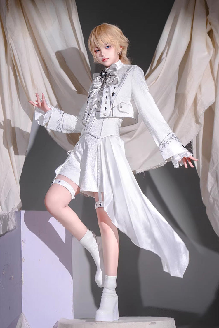 White Silver-White Sacred Pact Bow Asymmetric Gothic Prince Palace Ouji Lolita Shorts Coat Four-Piece Set