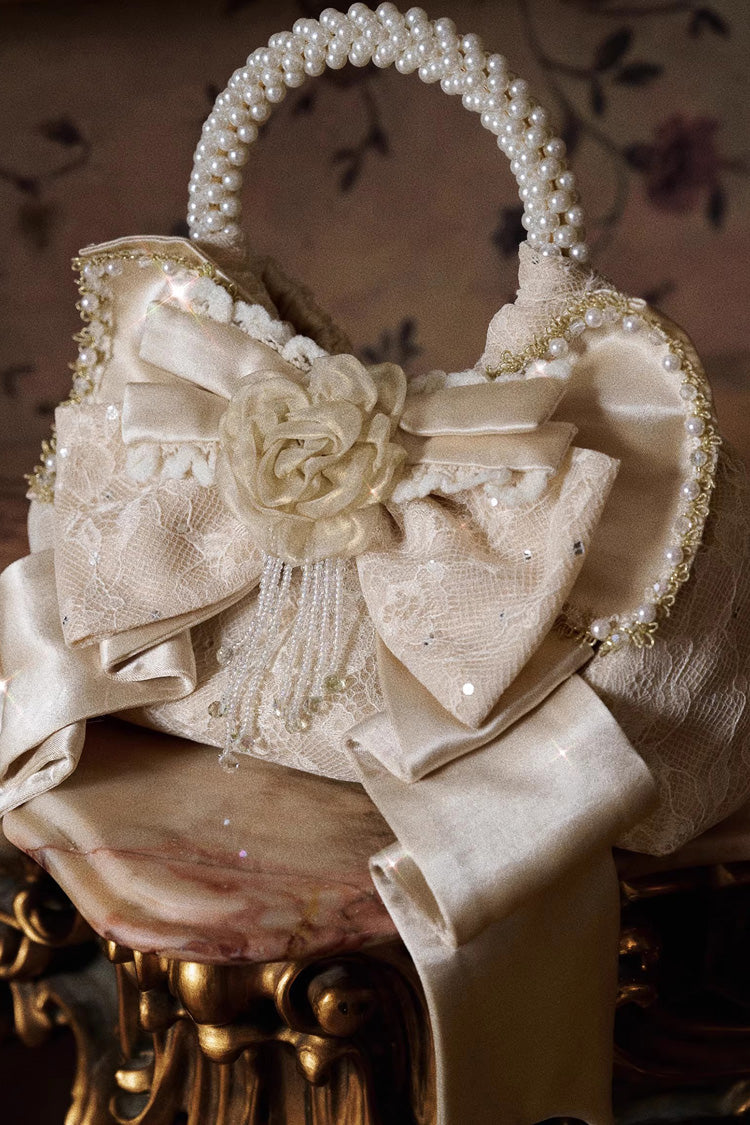Champagne Satin Gilded 3D Bow Pearl-Decorated Sweet Lolita Handbag
