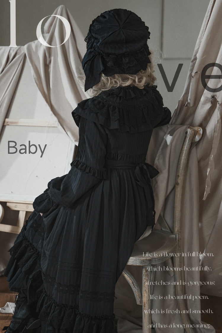 Black Good Night Long Sleeves Double-Layered Ruffle Bowknot Lace-Up Holy Gothic Lolita Dress