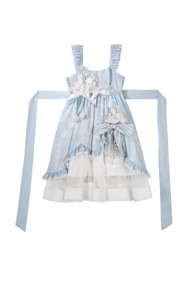 Blue Cloud Dreamland Cut-Out Embroidered Bow Lace Asymmetric Sweet Elegant Lolita Jsk Dress Set