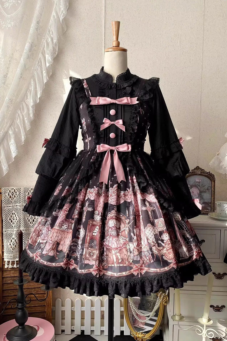 Black The Case of the Missing Lamb Print Ruffle Bowknot Lace Gothic Lolita Jsk Dress