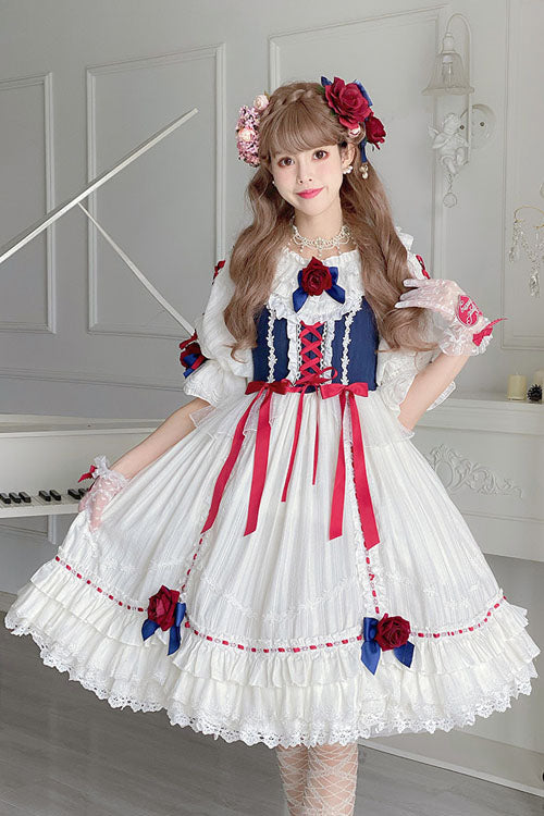 Blue/White Round Collar Bowknot Short Sleeves Multi-Layer Ruffled Sweet Lolita OP Tiered Dress