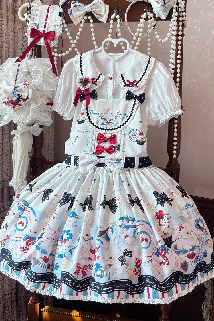 Beige Mystery Rabbit Tea Party Sleeveless Print Bowknot Lace Sweet Lolita Strap Dress