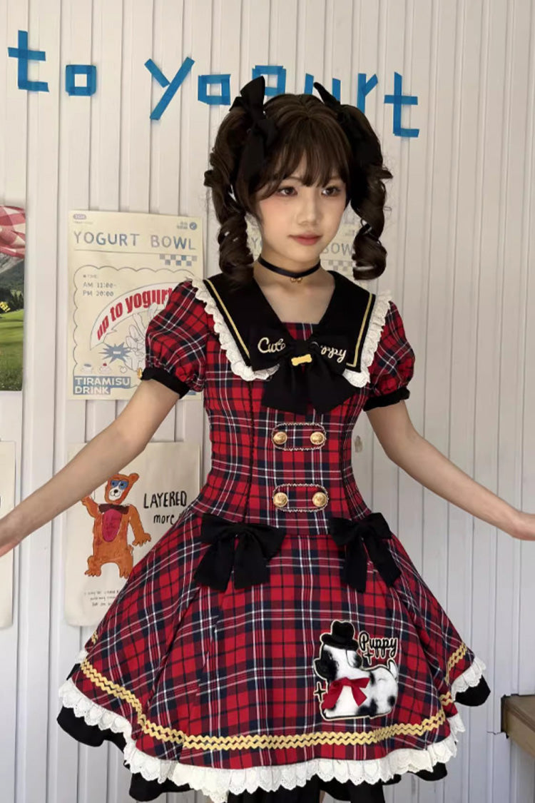 Red Dalmatian Short Sleeves Print Ruffle Bowknot Slim Sweet Lolita Dress