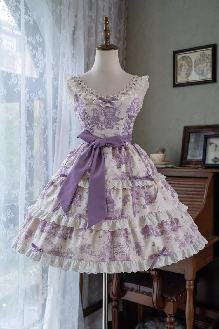 Purple Grape Moon Almanac Sleeveless Multi-Layered Printed Ruffled Bow Adjustable-Length Sweet Lolita Jsk Dress