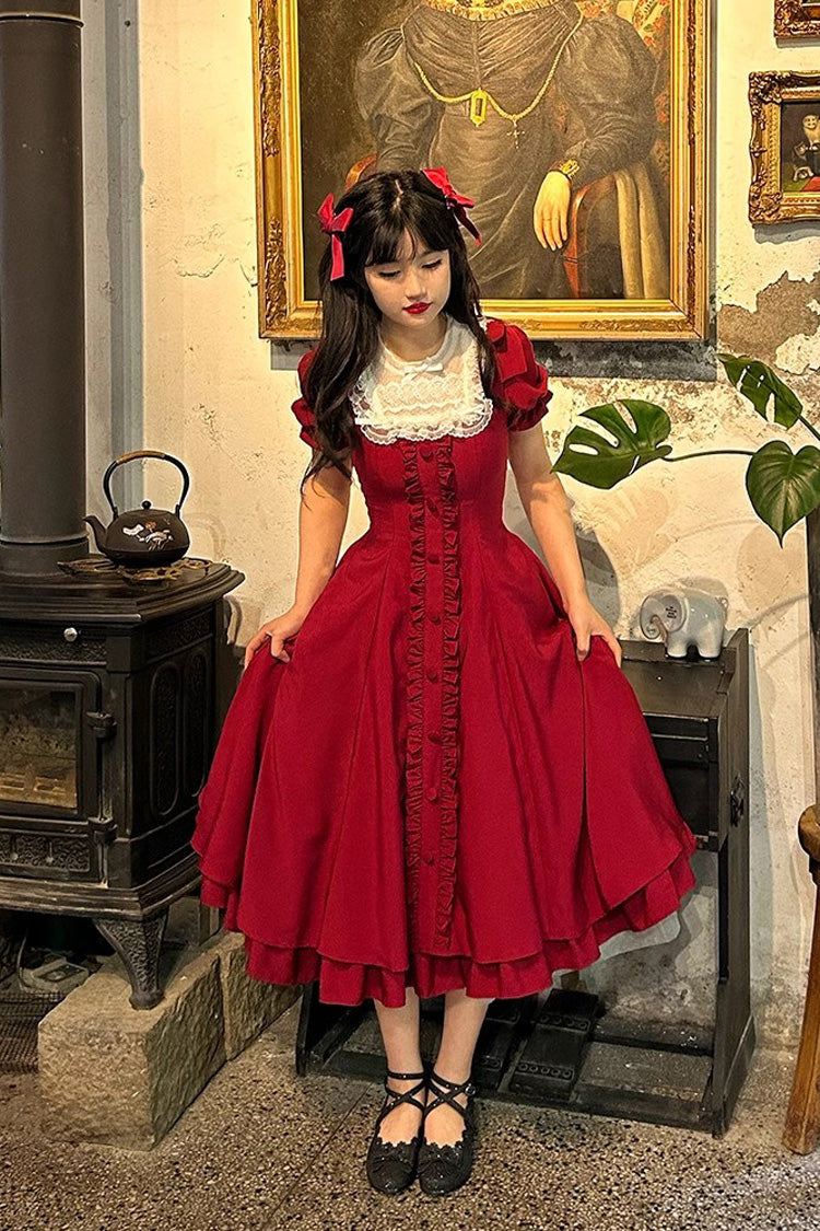 Wine Red Annie's Gift Short Sleeves Bowknot Sweet Lolita Dress (Plus Size Support)