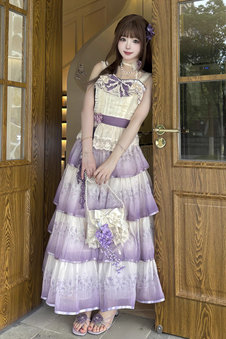Purple Lilac Thoughts Sleeveless Gradient Multi-Layered Print Ruffle Bowknot Lace Sweet Lolita Dress Set