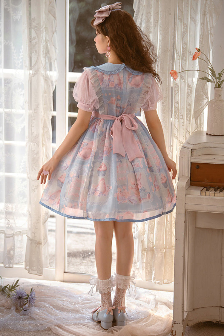 Pink/Blue Doll Collar Short Sleeves Rabbit Candy Paper Print High Waisted Sweet Lolita OP Dress