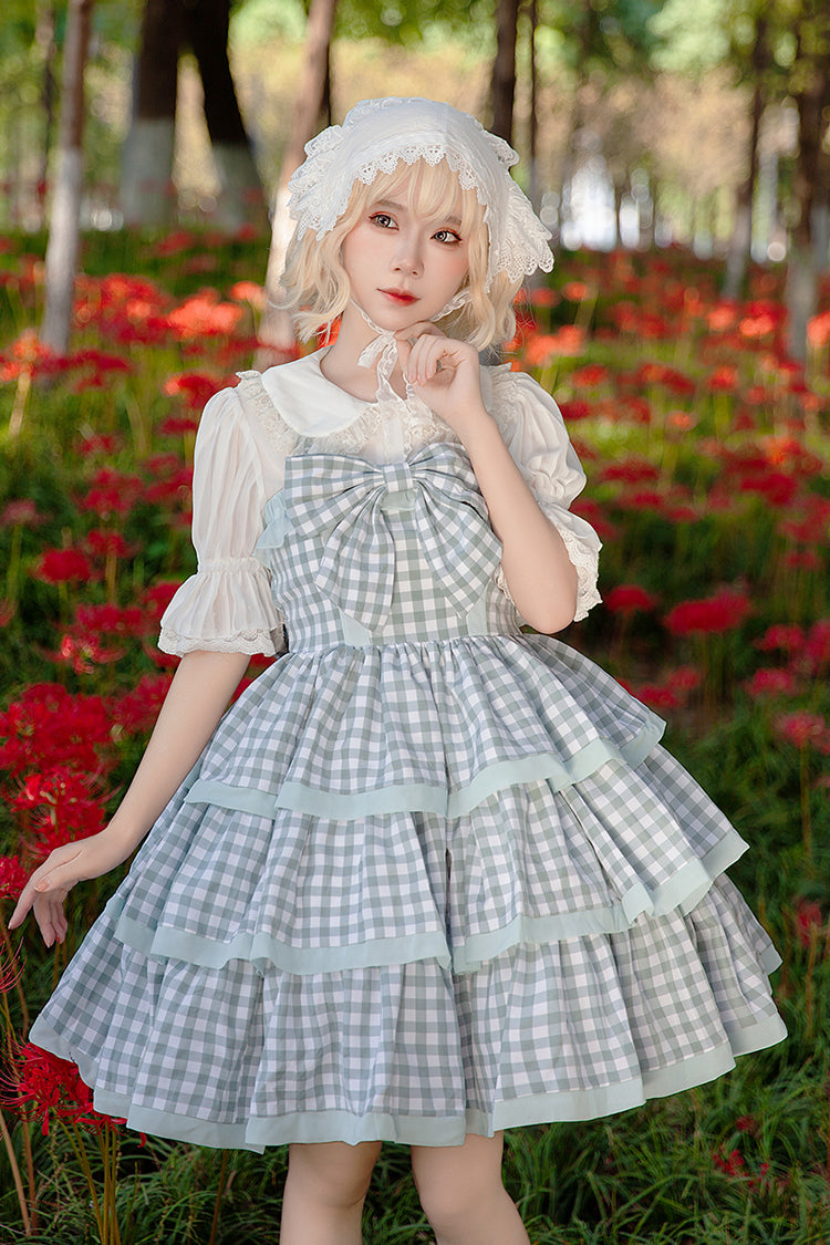 Blue Cloth Cat Triple-Layered Plaid Print Ruffle Bowknot Sweet Lolita Dress 2 Colors