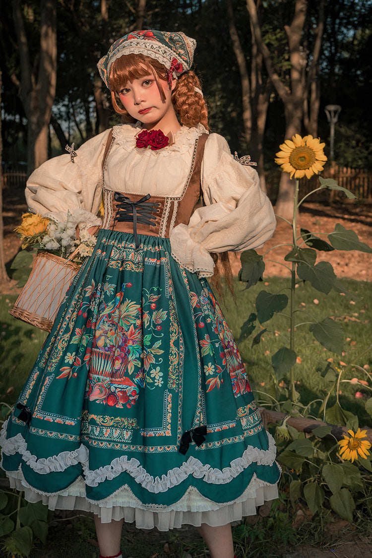 Green Ode to Plenty Berries and Birds Print Ruffle Bowknot Velvet Classic Lolita Breast Support Jsk Dress
