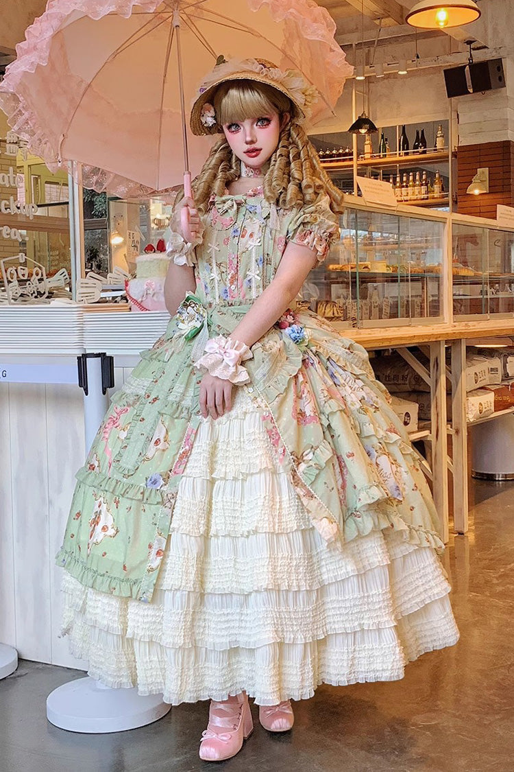 Green Cat Rose Tea Short Sleeves Print Ruffle Cardigan Bowknot Daily Sweet Lolita Dress