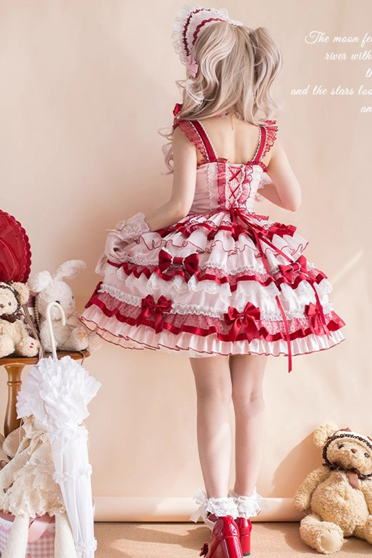 Red Ribbon Berries Sleeveless Multi-Layered Ruffle Bowknot Lace Sweet Lolita Jsk Dress