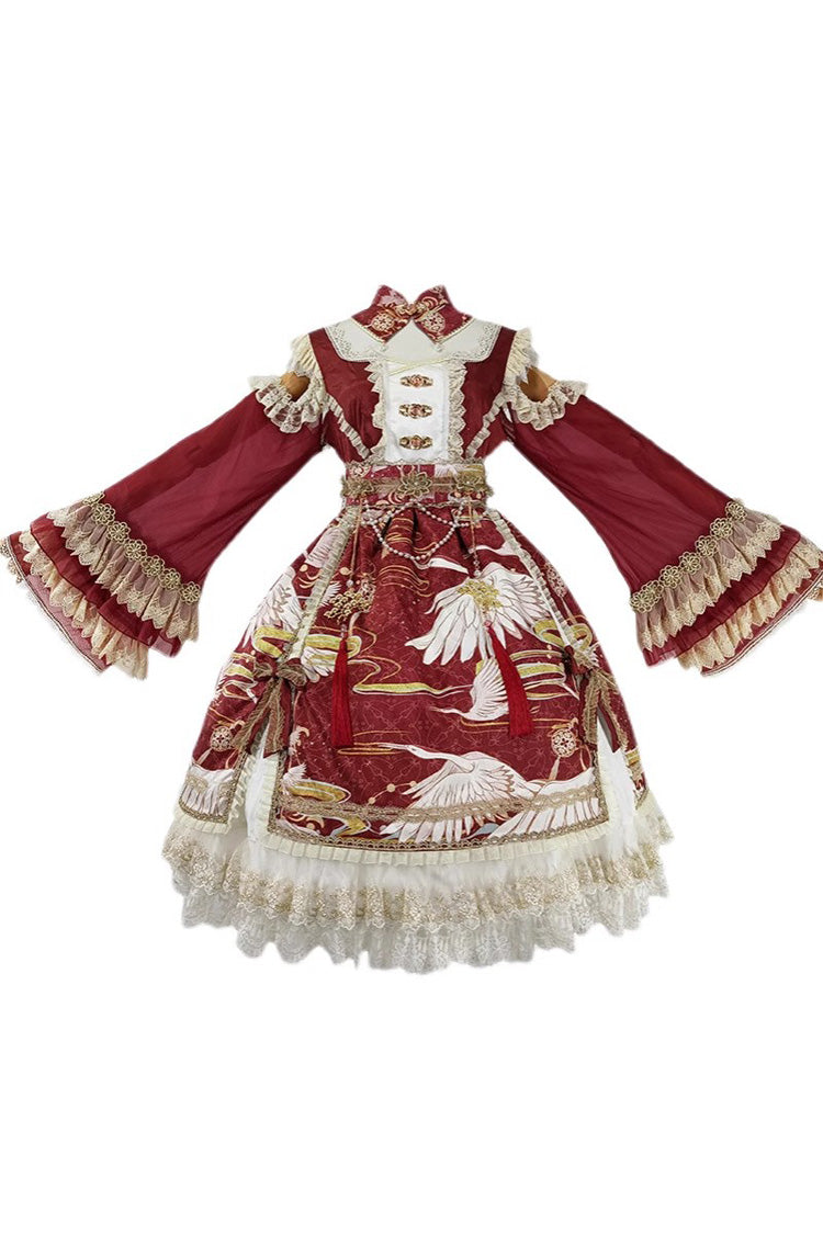 Chinese Style Long Sleeves Print Ruffle Lace Sweet Lolita Dress 3 Colors