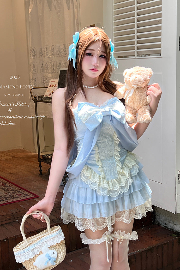 Blue Antique Girl Sleeveless Double-Layered Ruffle Bowknot Lace Sweet Lolita Two-piece Skirt Set