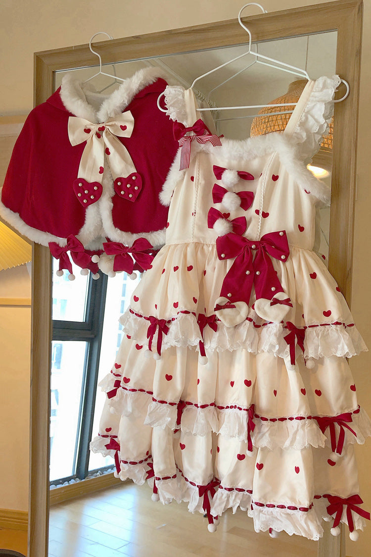 Red/Apricot Triple-Layered Print Ruffle Bowknot Lace Sweet Princess Lolita Dress Cloak Set