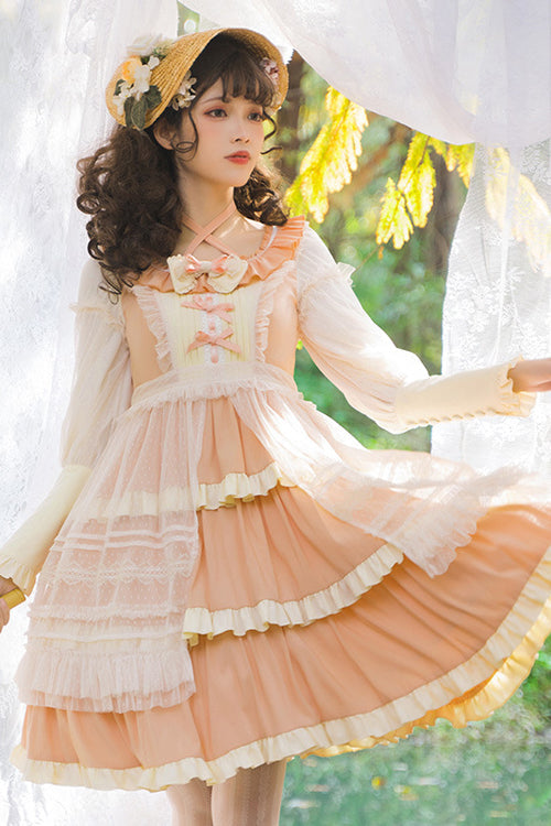 Round Collar Long Sleeve High Waist Multi-Layer Ruffled Sweet Lolita OP Dress