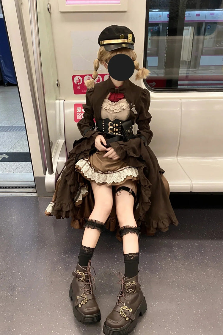Brown Ruffle Irregular Handsome Punk Lolita Dress Set