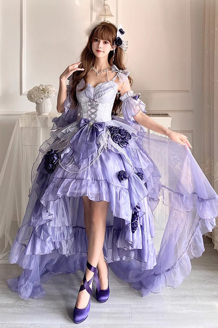 Misty Purple Swan Wonderland Embroidery Bowknot Lace-Up Short Front Long Back Irregular Sweet Ballet Lolita Jsk Dress