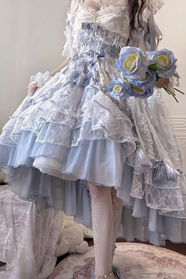 Blue Diane Rose Short Sleeves Multi-Layered Jacquard Ruffle Hanayome Cardigan Bowknot Lace Sweet Lolita Dress