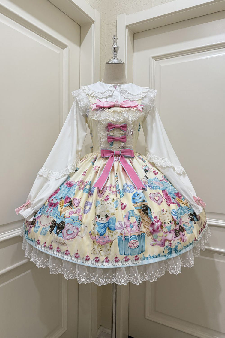 Yellow Floral Whisper Bear Print Ruffle Bowknot Lace Sweet Princess Lolita Jsk Dress