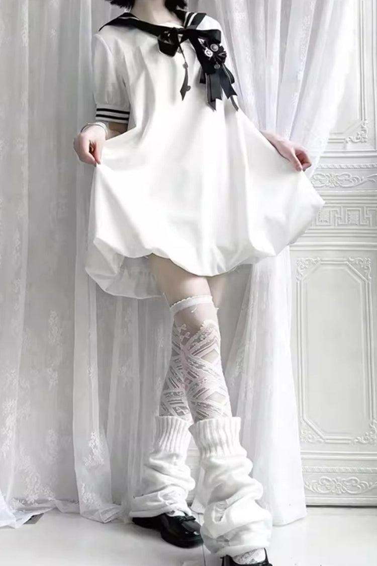 Black/White Old Stories Navy Collar Short Sleeves Bowknot Sweet Lolita Dress