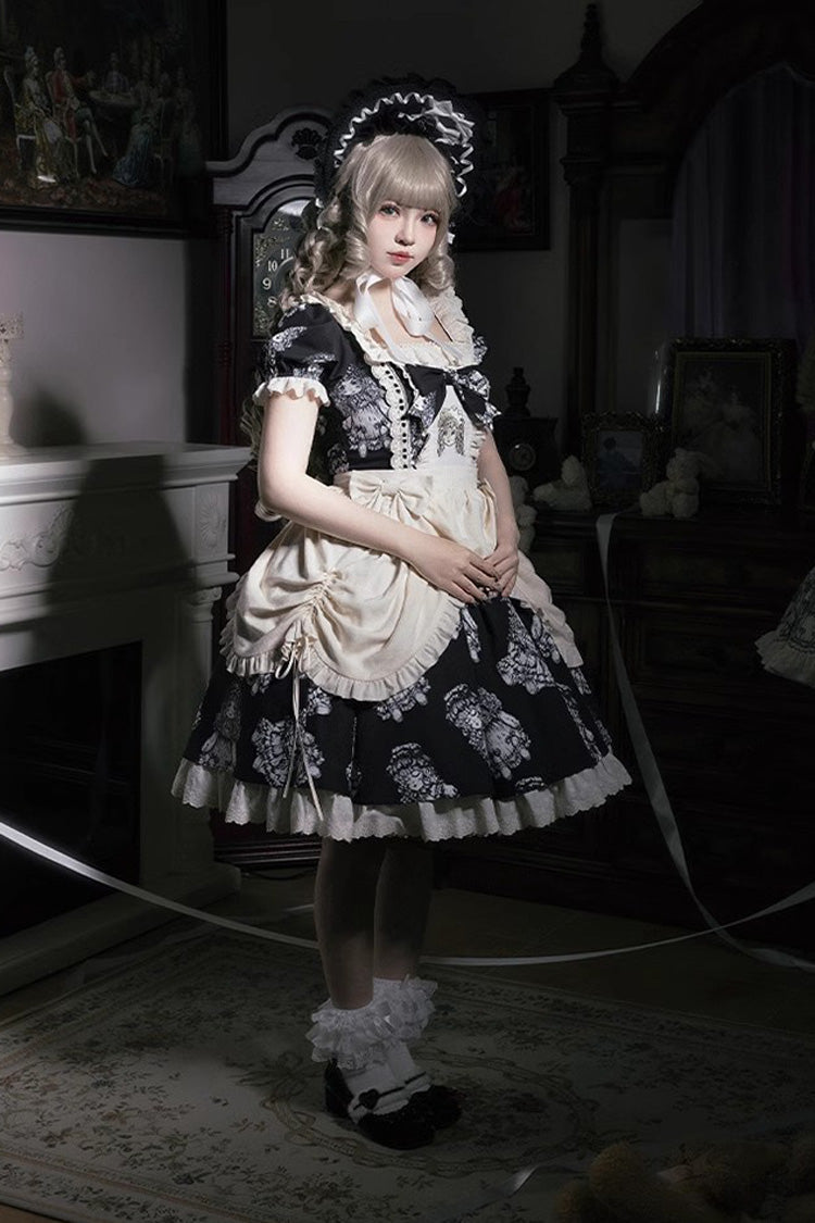 Doll Night Short Sleeves Print Ruffle Embroidery Bowknot Gothic Lolita Dress 2 Colors
