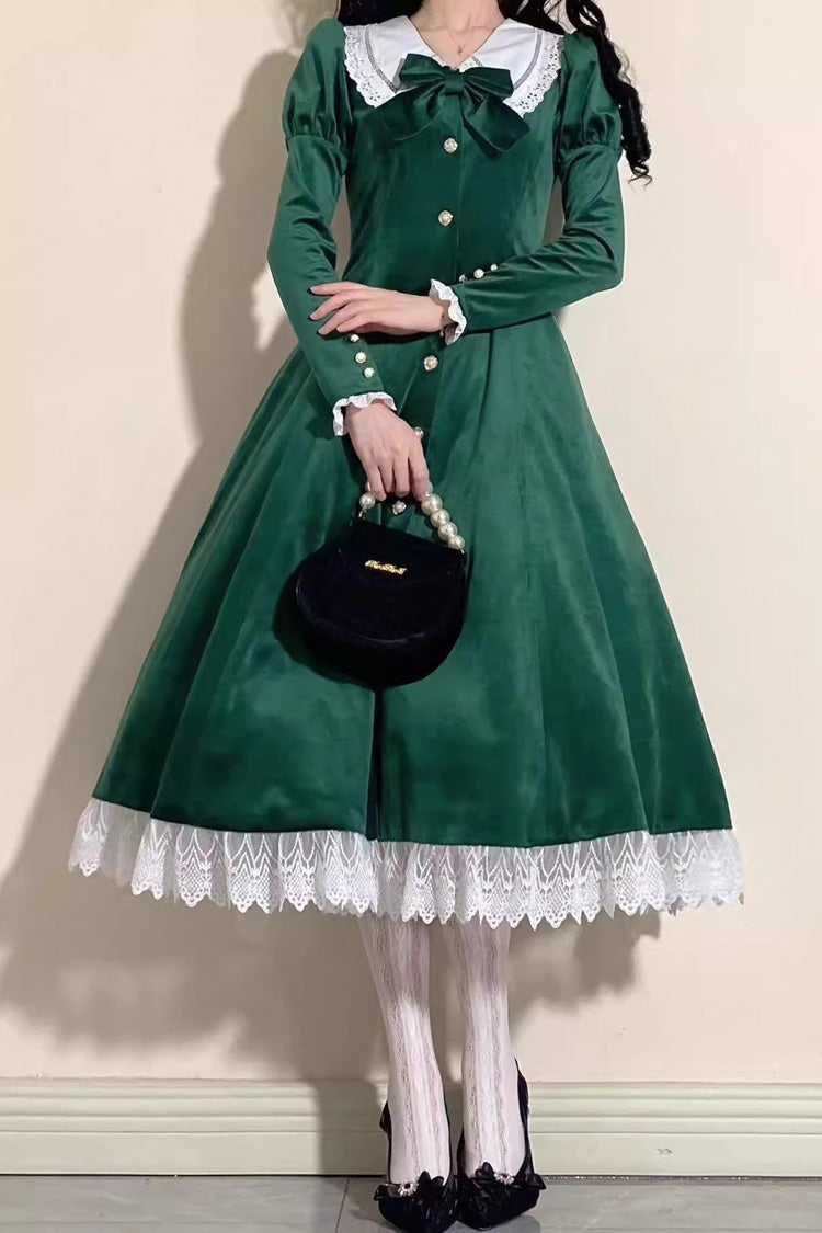 Vintage Lapel Collar Long Sleeves Ruffle Bowknot Elegant Lolita Dress 3 Colors