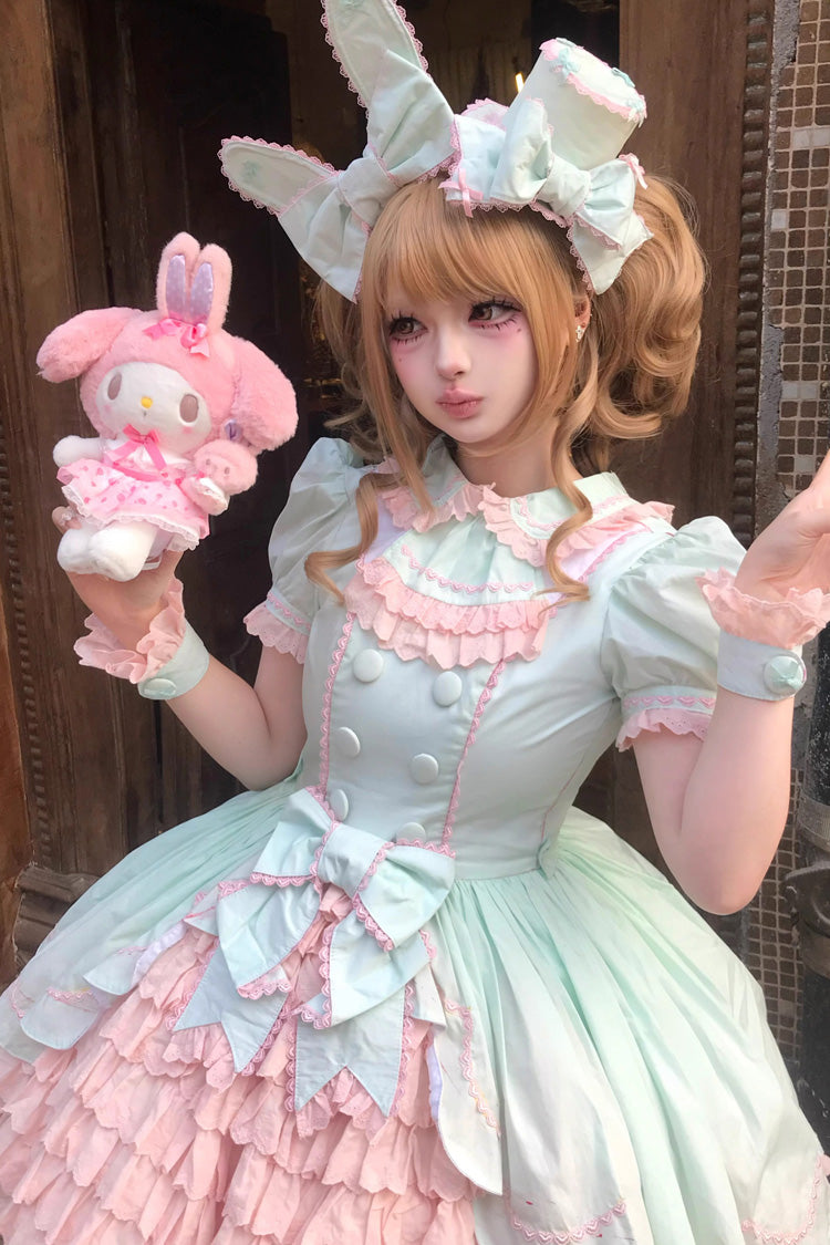 Pink/Green Honeydew Melon Parfait Short Sleeves Multi-Layered Ruffle Bowknot Sweet Lolita Dress