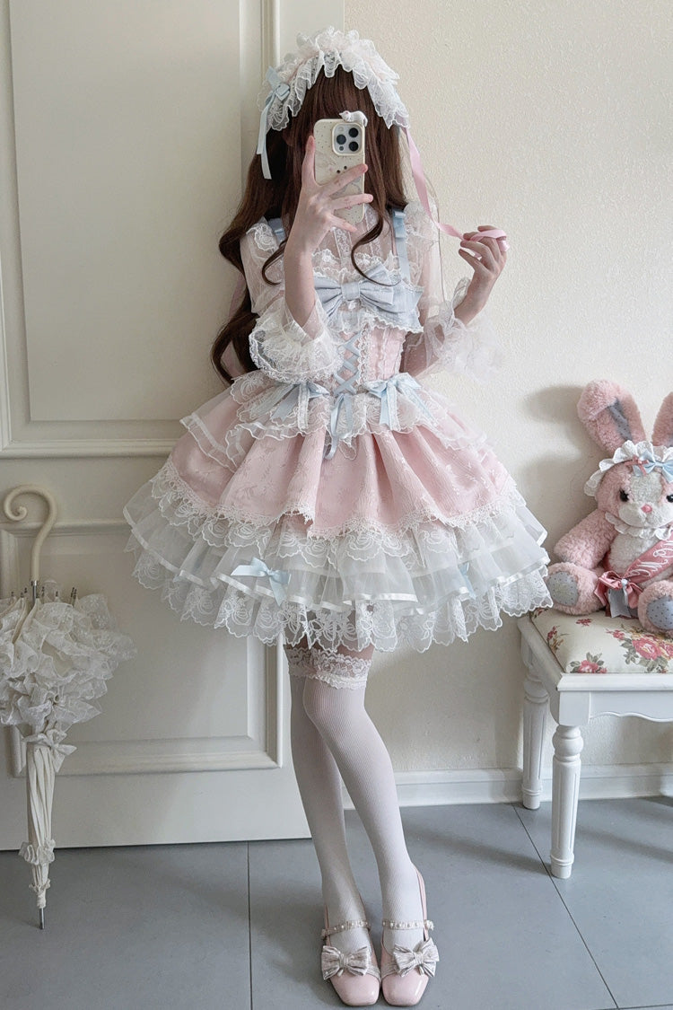 Pink Fleishi Island Sleeveless Ruffle Bowknot Lace Slim Sweet Ballet Lolita Jsk Dress