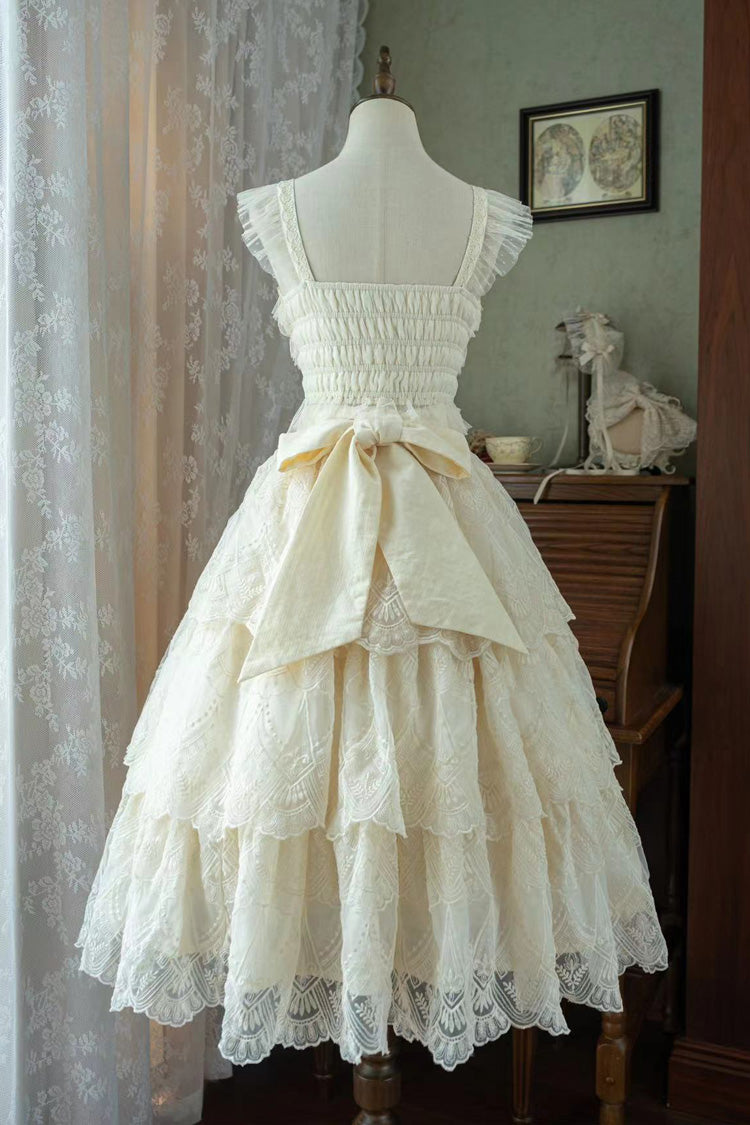 Ivory Tidal Triple-Layered Ruffle Bowknot Sweet Lolita Skirt 2 Versions