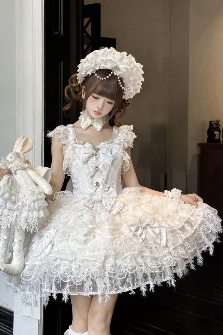 White Cloudborne Snowfeather Sleeveless Multi-Layered Hanayome Bowknot Pearl Gothic Lolita Jsk Dress