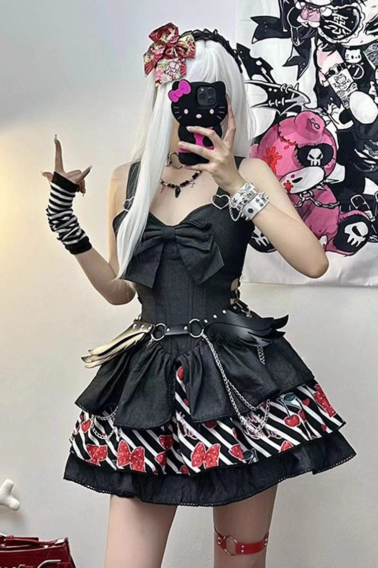 Black Cherry Sleeveless Triple-Layered Print Ruffle Bowknot Denim Sweet Japanese Vintage Lolita Jsk Dress