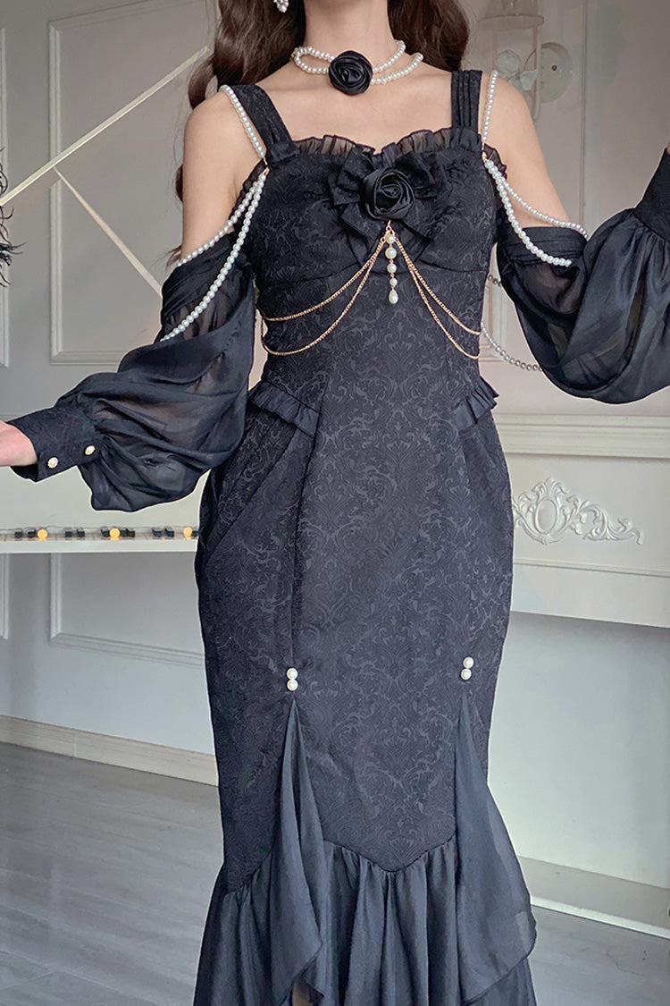 Black Camellia 1.0 Sleeveless Jacquard Ruffle Lace Gothic Chinese Style Lolita Jsk Fishtail Dress